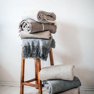 Beige Striped Wool Throw Blanket with Fringes - (55x95 inches / 140x240 cm), 100% Organic Pure Wool Blanket, Cozy Wool Throw