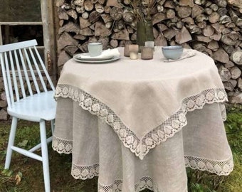 Tovaglia rotonda in lino con pizzo dal design classico grigio naturale. Tovaglia circolare. Tovaglia di dimensioni personalizzate. Tovaglia da pranzo. Stile Hygge.