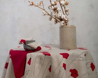 Nappe ronde en lin. Nappe ronde. Nappe aux dimensions personnalisées. Nappe à motif floral coquelicots rouges. Nappe de mariage