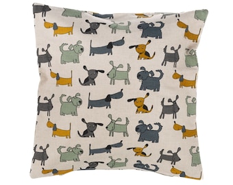 Linen Cushion Cover with Zipper, 45x45 cm (18x18"), Colorful Dogs Design, Handmade Linen Pillowcase, Decorative Linen Throw Pillow