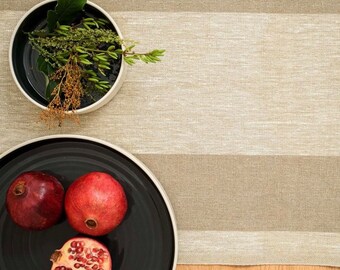 Rustic Linen Table Runner – Two Wide Beige Stripes. Farmhouse table linen, striped runner. Heavyweight French style linen table runner.