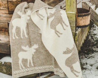 Wool Blanket Throw - Beige and White with Moose Pattern, (51x79 inches / 130x200 cm), Double-Sided, 100% Organic Pure Wool Blanket