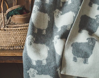 Wool Blanket Throw - Grey and White with Sheep Pattern, (51x79 inches / 130x200 cm), Double-Sided, 100% Organic Pure Wool Blanket