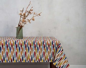Linen tablecloth. Custom size tablecloth. Natural dining tablecloth. Hygge linen table cloth. Colorful Fishes Pattern. Rectangle table linen