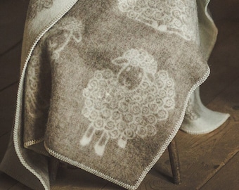 Wool Blanket Throw - Beige and White with Curly Sheep Pattern, (51x79 inches / 130x200 cm), Double-Sided, 100% Organic Pure Wool Blanket