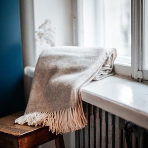 Wool Throw Blanket with Fringes Beige Terra - 51x83 inches (130x210 cm), 100% Organic Pure Wool Blanket, Cozy Wool Throw