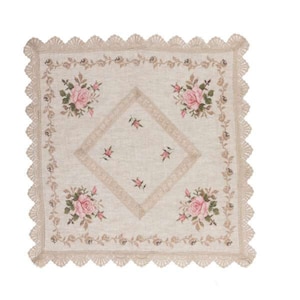 Linen Tablecloth with Printed Pink Roses Design, Ribbon Embroidered Tablecloth For Party Décor, Tablecloth Designed with Cotton Crochet Lace