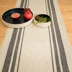 Runner da tavola rustico in lino in stile francese - Righe nere. Tovaglia rustica in lino, runner da tavola a righe. Runner da tavola in lino pesante.