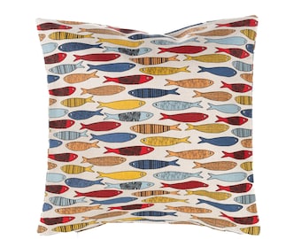 Linen Cushion Cover with Zipper, 45x45 cm (18x18"), Colorful Fishes, hygge Design, Handmade Linen Pillowcase, Decorative Linen Throw Pillow