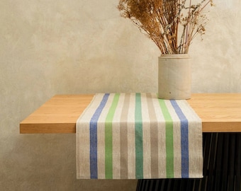 Rustic Linen Table Runner – Beige, Blue, Green  Stripes. Farmhouse table linen, striped runner. Heavyweight French style linen table runner.