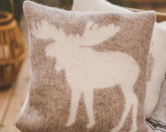 Cushion Cover 100% Merino Wool 16x16" (40x40cm) Beige Moose Design, Double-Sided Pillow Case, Sofa Pillow