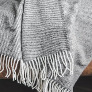 Grey Striped Wool Throw Blanket with Fringes - (55x95 inches / 140x240 cm), 100% Organic Pure Wool Blanket, Cozy Wool Throw