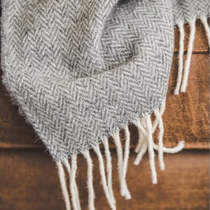 Wool Throw Blanket with Fringes Gray Herringbone - 51x83 inches (130x210 cm), 100% Organic Pure Wool Blanket, Cozy Wool Throw
