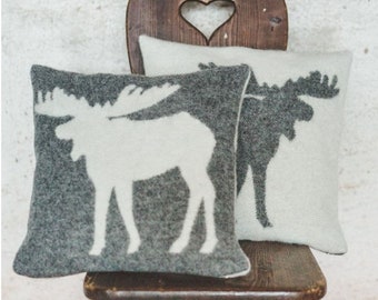 Cushion Cover 100% Merino Wool 16x16" (40x40cm) Gray Moose Design, Double-Sided Pillow Case, Sofa Pillow, Living Room Pillow