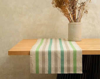 Rustic Linen Table Runner – Beige & Green Stripes. Farmhouse table linen, striped linen runner. Heavyweight French style linen table runner.