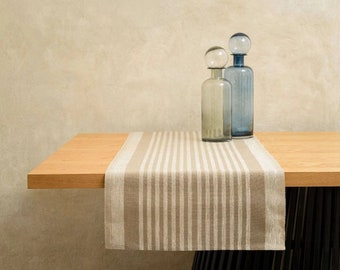 Rustic Linen Table Runner – Beige Thin Stripes. Farmhouse table linen, striped linen runner. Heavyweight French style linen table runner.
