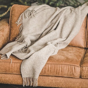 Beige Wool Throw Blanket with Fringes - (51x83 inches / 130x210 cm), 100% Organic Pure Wool Blanket, Cozy Wool Throw
