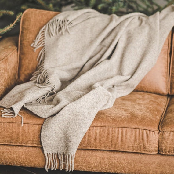 Beige Wool Throw Blanket with Fringes - (51x83 inches / 130x210 cm), 100% Organic Pure Wool Blanket, Cozy Wool Throw