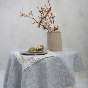 Round linen tablecloth with white lace. Circle table cloth. Custom size tablecloth. Light blue paisley pattern dining table cloth. Wedding.