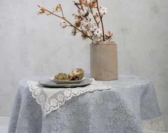 Tovaglia rotonda in lino con pizzo bianco. Tovaglia circolare. Tovaglia di dimensioni personalizzate. Tovaglia da pranzo azzurra con motivo paisley. Nozze.