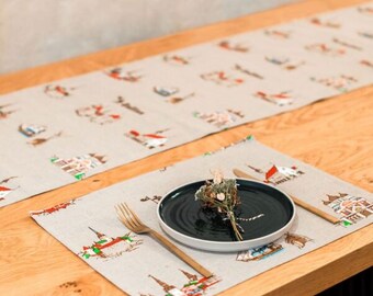 Tallinn Old Town and Estonian National Folk Cloths Placemats, Size 50×34 cm | 20″x13″ and 100% Linen, Dining Room Folk Art Placemats