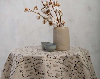 Round linen tablecloth in Coffee print design. Circle table cloth. Custom size tablecloth. Dining table cloth. Farmhouse tablecloth. Hygge.