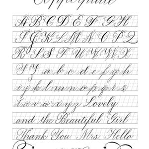 Może przedstawiać: Biała kartka z przykładami kaligrafii Copperplate. Wyświetlany jest alfabet wielkimi i małymi literami, a także przykładowe słowa i frazy. Widoczny jest również tekst "Ally LaVonne Creative".