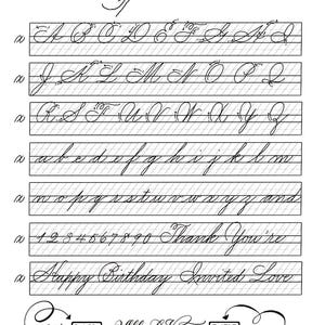 May include: A Spencerian script practice sheet featuring uppercase and lowercase letters, numbers 0-9, and phrases like Thank You're, Happy Birthday, Invited, and Love. Includes two QR codes labeled my website and my Instagram by Ally LaVonne Creative.
