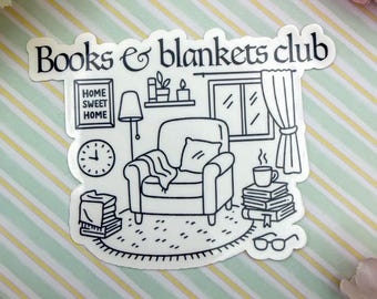 Books & Blankets Club Sticker: Cozy Reading Nook Vinyl Decal