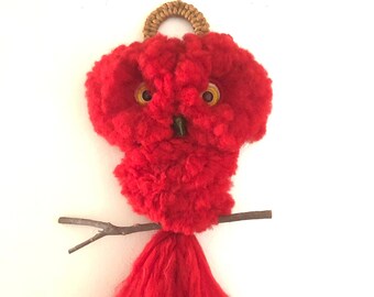 Vintage Macrame Owl Wall Hanging Bright Red