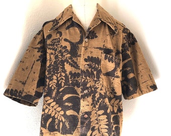 Vintage 70s Kona Kai Hawaiian Shirt by Jantzen Botanical Print Browns