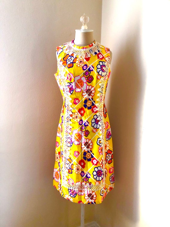 Mid 60s David Crystal Yellow Floral Dress with Ove
