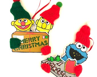 Two Vintage Jim Henson Ernie Bert Cookie Monster Christmas Ornaments 90s