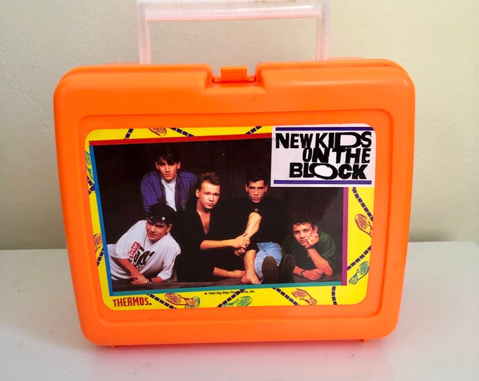 Vintage New Kids on the Block Lunchbox 1990 Neon Orange Boy Band No
