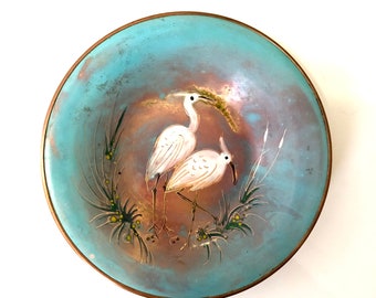 Vintage Sagitta of Holland Copper Enameled Dish Bird Heron Stork