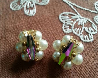 Vintage Aurora Borealis Crystal and Faux Pearl Clip On Earrings