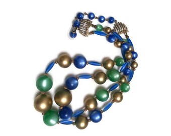 Mid Century Beaded Necklace Blue Green Gold