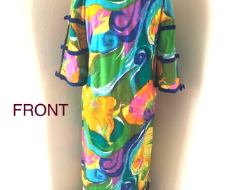 Incredible 60s Psychedelic Hawaiian Dress Velvet Trim Split Sleeves Kiyomi of Hawaii S/M