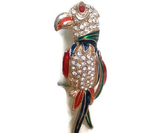 Vintage Parrot Pin Brooch Rhinestone and Enamel