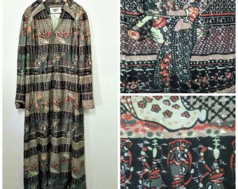 Amazing 70s Boho Belly Dance Hookah Print Dress Caftan Silver Lurex Medium Large 44 Bust