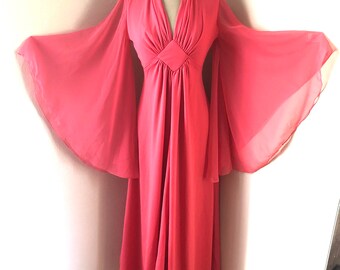 Vintage Angel Wing Maxi Dress Bright Coral Sheer Sleeves 70s