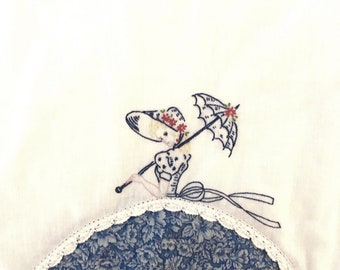 Vintage Embroidered Pillowcase Fancy Lady With Parasol