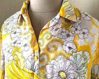 Vintage Sunshine Yellow Blouse Floral Butterflies 60s