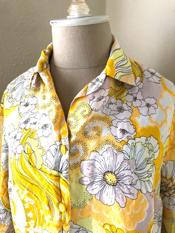 Vintage Sunshine Yellow Blouse Floral Butterflies 