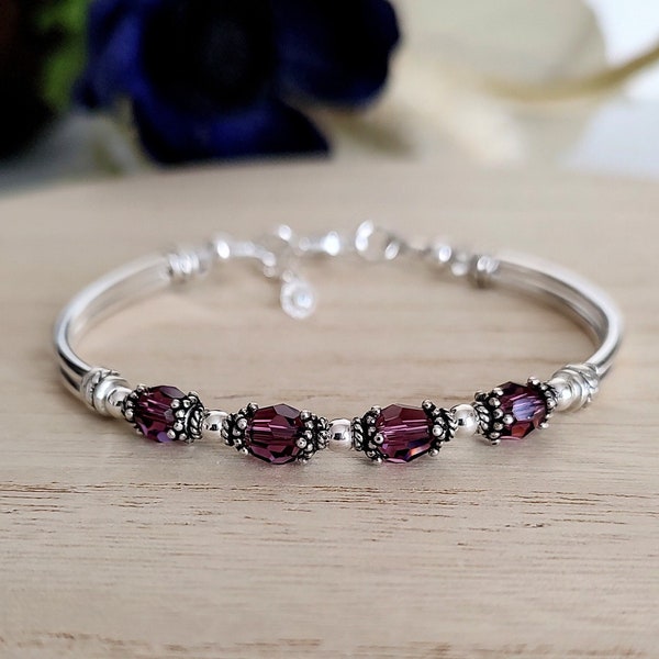 February Birthstone Bracelet for Mom Amethyst Bracelet Wife Birthday Gift for Her Birthstone Bracelet for Mothers Day Silver Bangle Bracelet