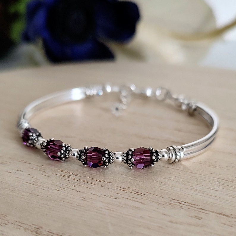 February Birthstone Bracelet for Mom Amethyst Bracelet Wife Birthday Gift for Her Birthstone Bracelet for Mothers Day Silver Bangle Bracelet image 2