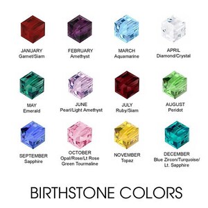 May include: A chart showing the birthstone colors for each month of the year. The chart features a small square of each birthstone color with the month and birthstone name below each square.