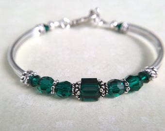 Emerald Crystal Bracelet May Birthstone Bracelet Custom Birthstone Jewelry Gift for Her Birthday Gift Birthstone Bangle Silver Bracelet