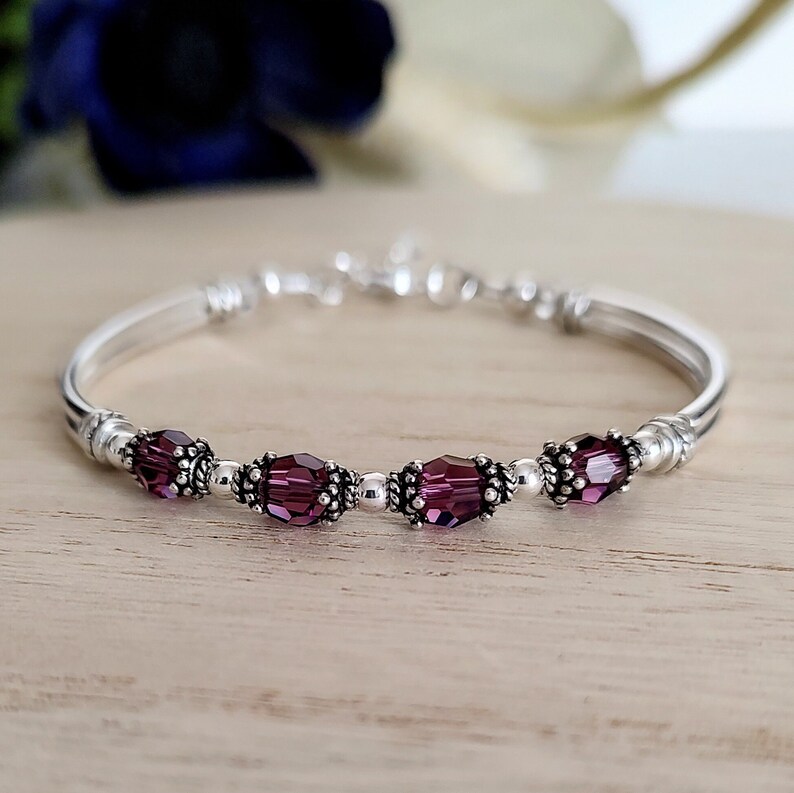 February Birthstone Bracelet for Mom Amethyst Bracelet Wife Birthday Gift for Her Birthstone Bracelet for Mothers Day Silver Bangle Bracelet image 7