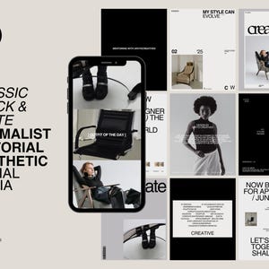 May include: A collection of social media graphics in a black and white minimalist style. The graphics feature text such as "Classic Black & White Minimalist Editorial Aesthetic Social Media", "Outfit of the Day", "Designer of the World", "My Style Can Evolve", "Creatives", "Now Booking for April/May/June 2030", "Let's Work Together, Shall We?" and "Creative".